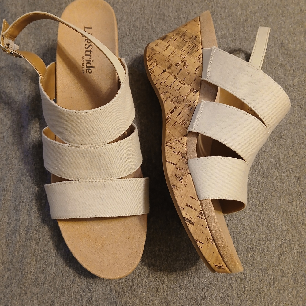 Life Stride Beige/Cream Cork Wedge Sandals